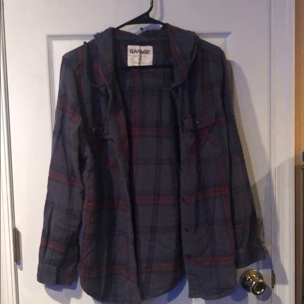 Garage button down shirt with hood